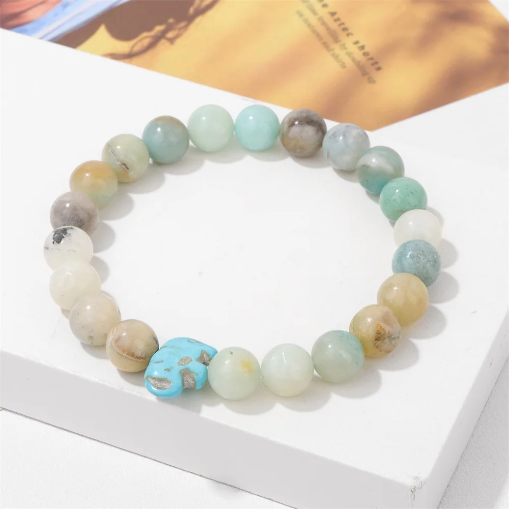 Fashion Turquois Elephant Charm Bracelet For Women Natural Amazonite Stone Bracelet Crystal Beaded Bangles Jewelry Meditation