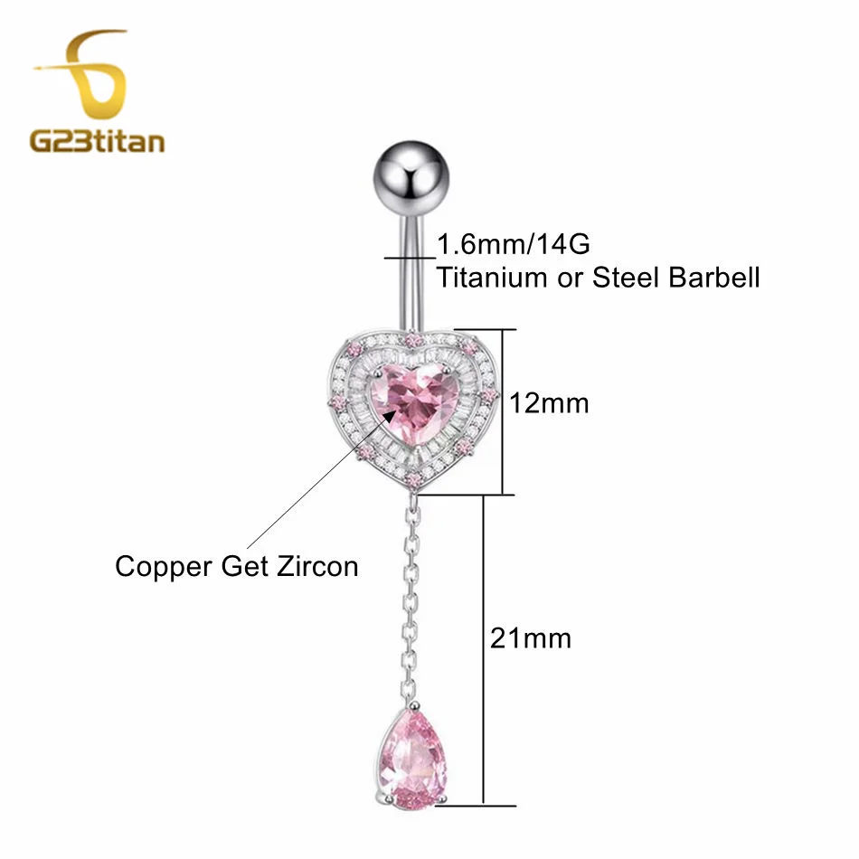G23Titan Pink Zircon Crystal Heart Navel Piercing Women Jewelry Hanging Long Chain Dangle Belly Button Ring 14G Titanium Barbell