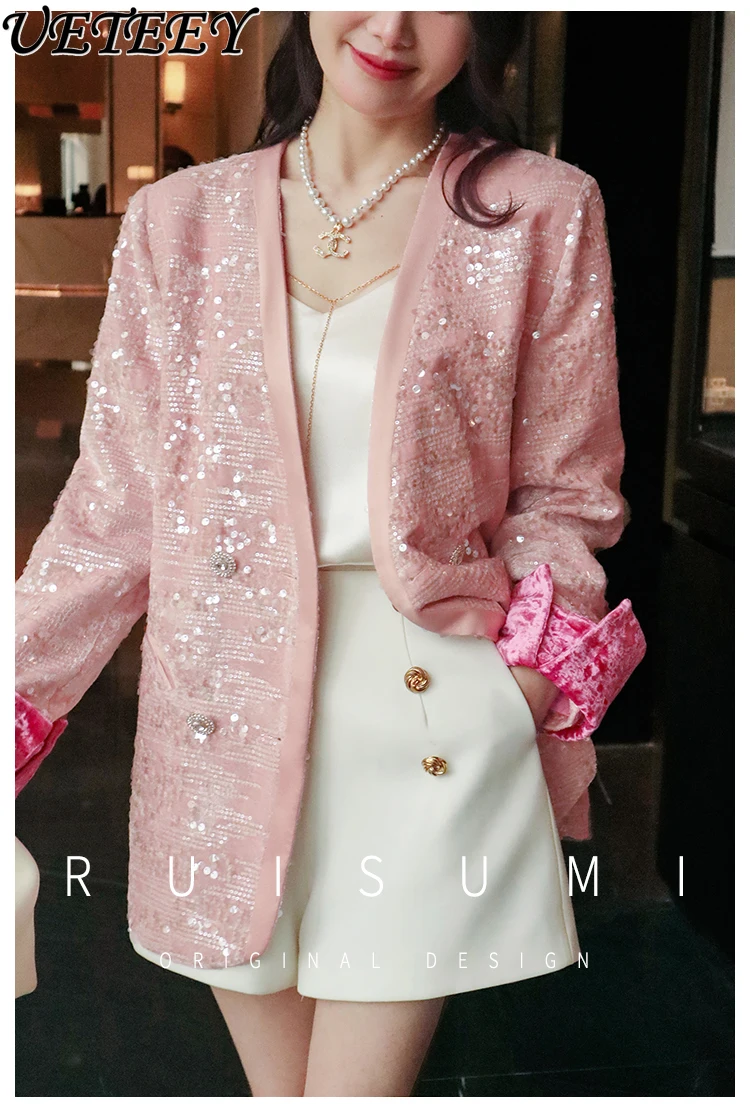 New Chinese Style Long-Sleeved Pink Suit Jacket Machine Embroidery Sequined Design Oriental Beauty Contrast Color Velvet Coat