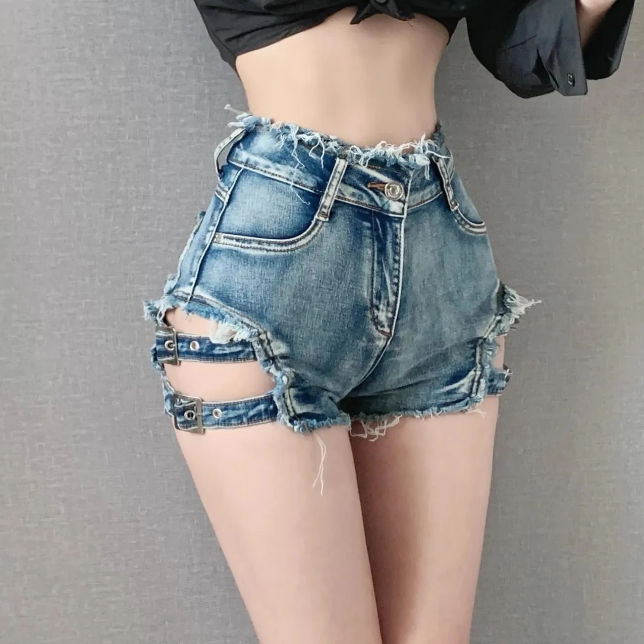 

Summer New American Sexy Pure Desire Style Spicy Girl Elastic Tight Hollow Tassel Design Feeling Cowboy Shorts for Women