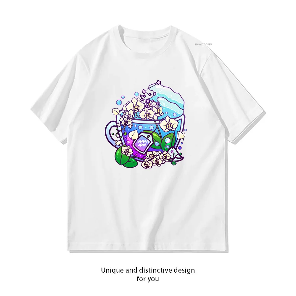 Aquarius Zodiac Teacup T-shirt woman man Casual cotton graphic t shirts Adult streetwear camisetas tops tee Short-sleev