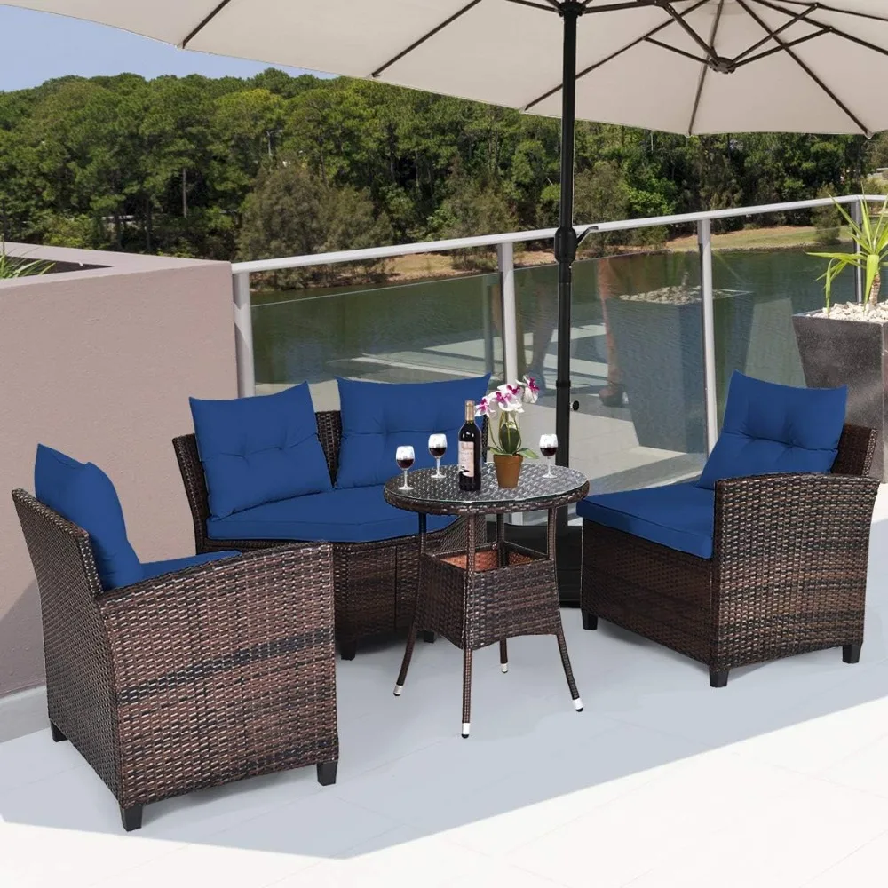 4-Piece Patio Furniture Set,C-Shape Outdoor Wicker Sectional Sofa Set,w/Cushions&Glass Coffee Table,Modern Deck Rattan Furniture