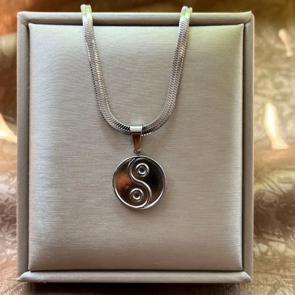 Fashion Stainless Steel Yin Ying Yang Round Disc Pendant Necklace Blade Snake Chain Friendship Men Chokers Jewelry Vintage