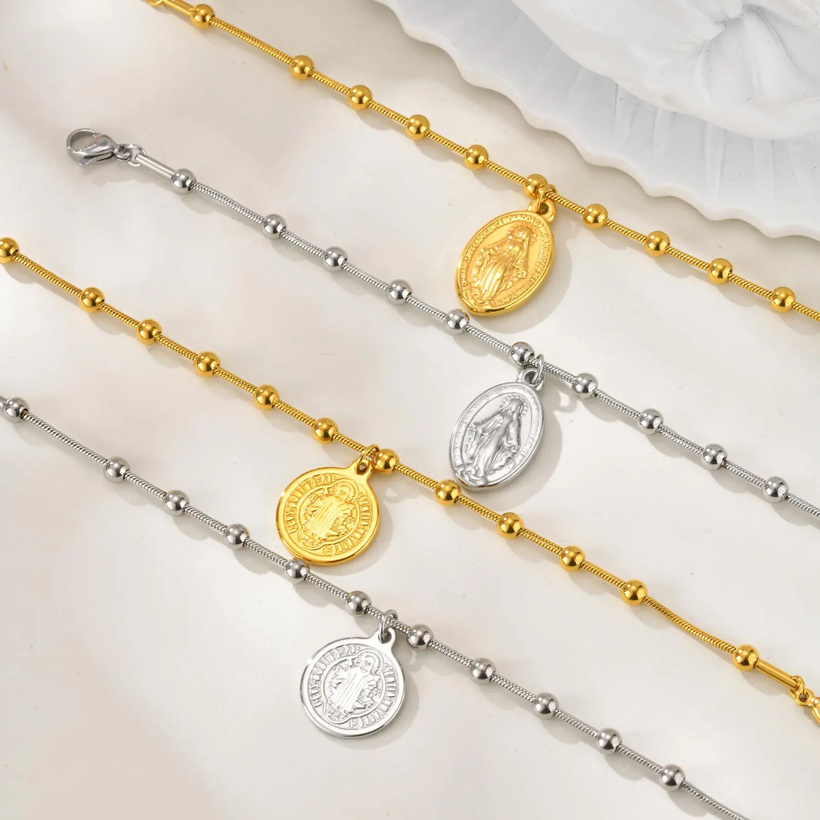 سوار سلسلة مسبحة الصليب الكاثوليكي من Vnox، أساور نسائية من الفولاذ المقاوم للصدأ مريم العذراء وسانت بنديكت، هدية الإيمان الديني #5