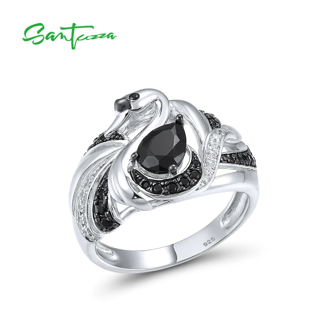 

SANTUZZA Genuine 925 Sterling Silver Rings For Women Black Spinel White Cubic Zirconia Swan Ring Elegant Trendy Fine Jewelry