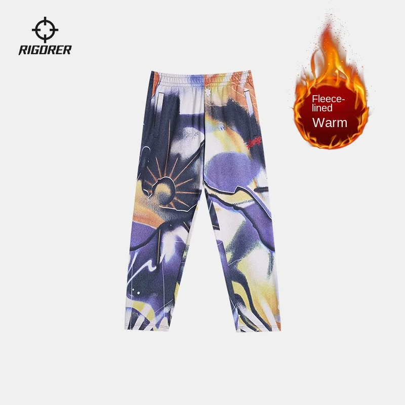 RIGORER Flower Pants Men's Winter Fleece-lined Warm Flat Mouth Loose Straight Pants American Sweatpants Sports Pants