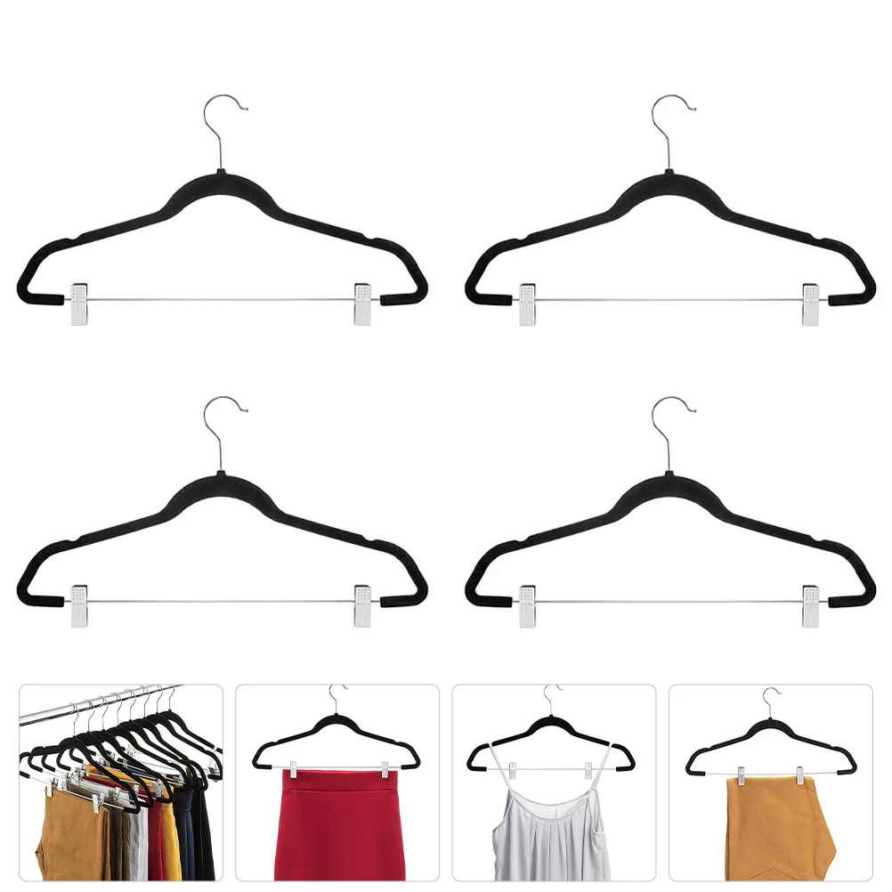 4 Pcs Closet Pants Hanger Flocking Trouser Coat Hangers Household Skirt Anti-skid Jeans Black Abs Clip Clothes