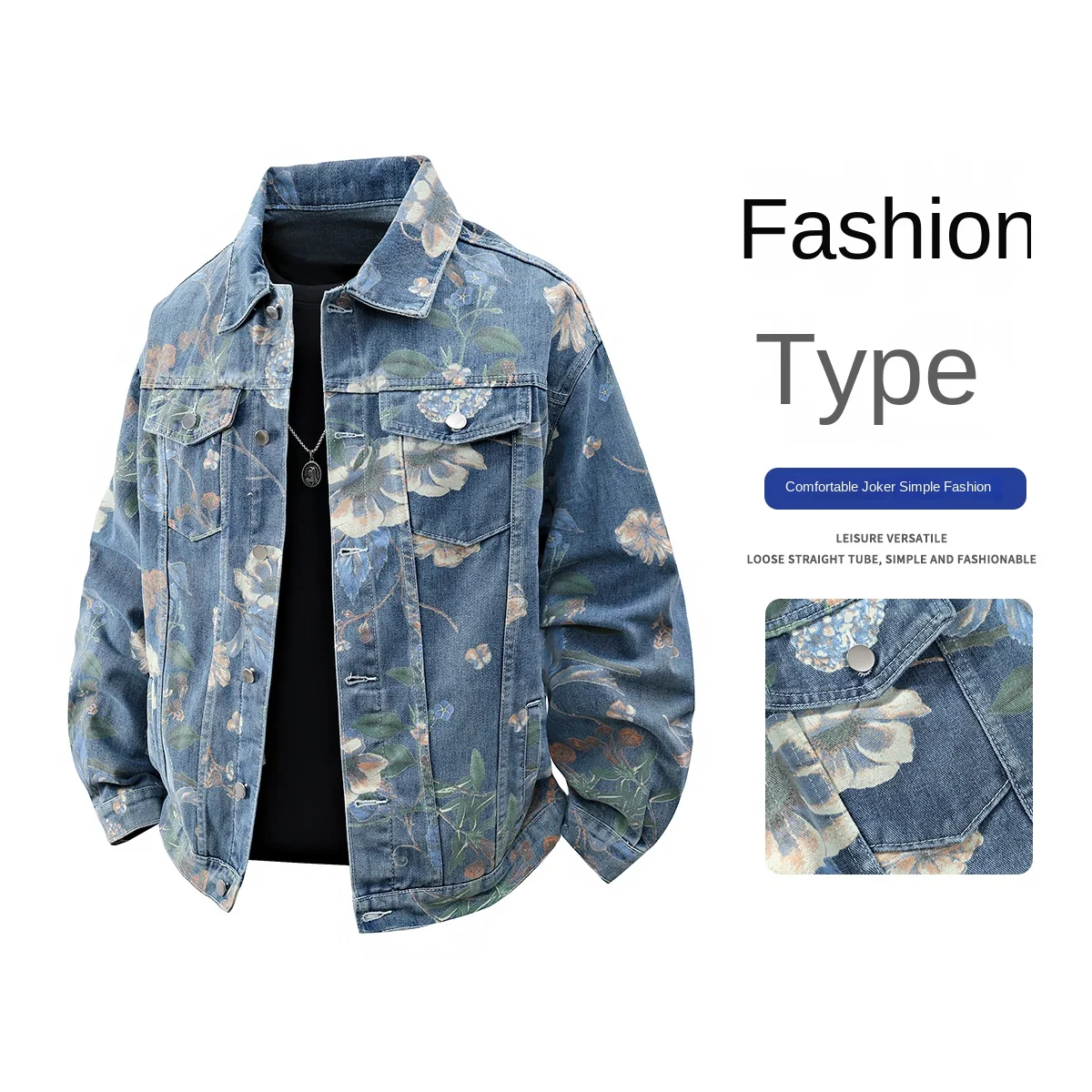 

Jackets For Man Men Coat Long Sleeve Loose Denim Print Trendy Oversize Floral Design Vintage Style Casual Wear