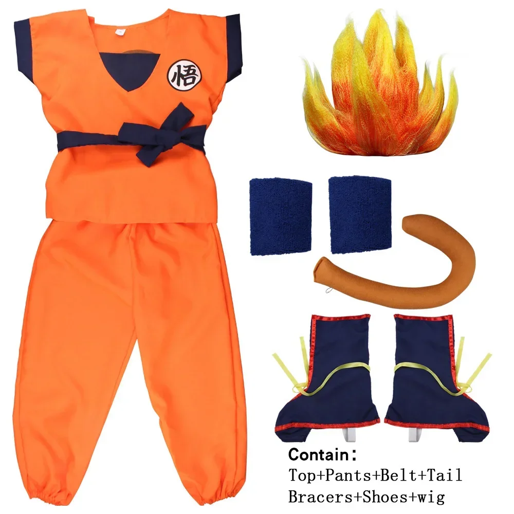Erwachsene Kinder Son Goku Gui Karneval Cosplay Anime Kostüme Halloween-Partys und Feiertage inklusive Schwanz-Handgelenk-Perücke, blaues Gold-Design