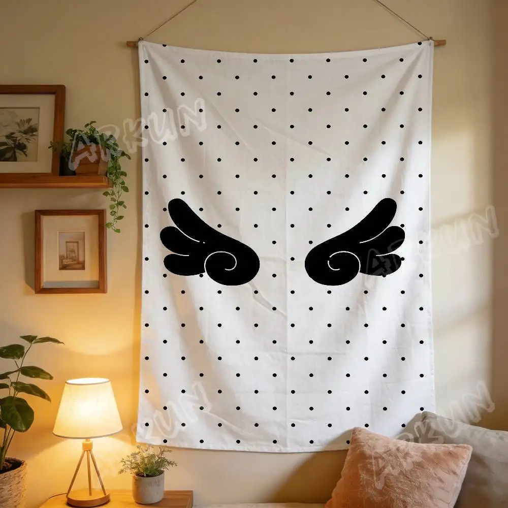 Black White Coquette Aesthetic Tapestry Cute Angel Wing Music Note Cat Paw Print Wall Lace Polka Dot Vintage Girly Room Decor