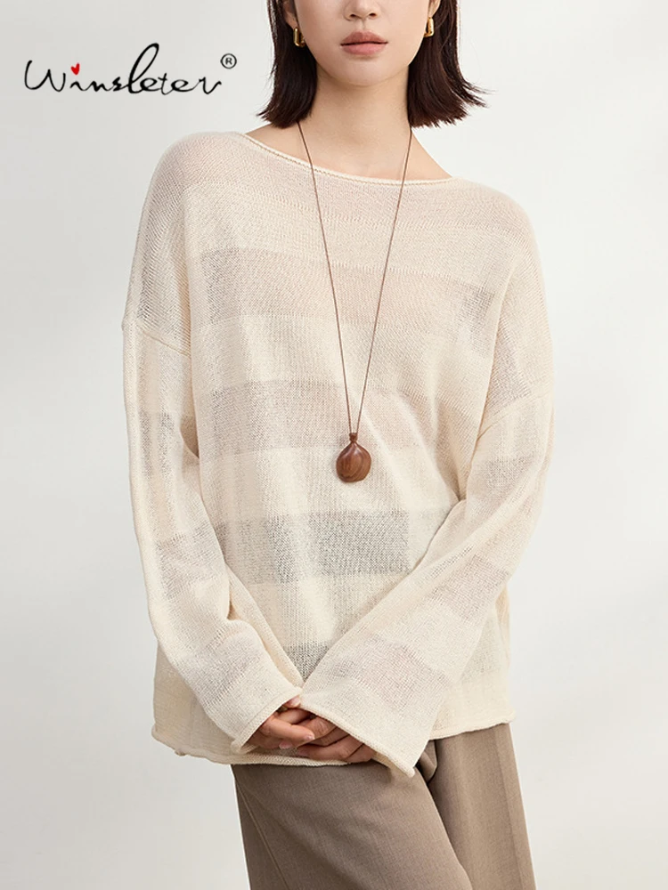 Winsleter-Silk Blended Elegant T-Shirt, O Neck Striped, Women French Commute Sheer Thin Knit Loose Top, 2026 Autumn New T67871CC