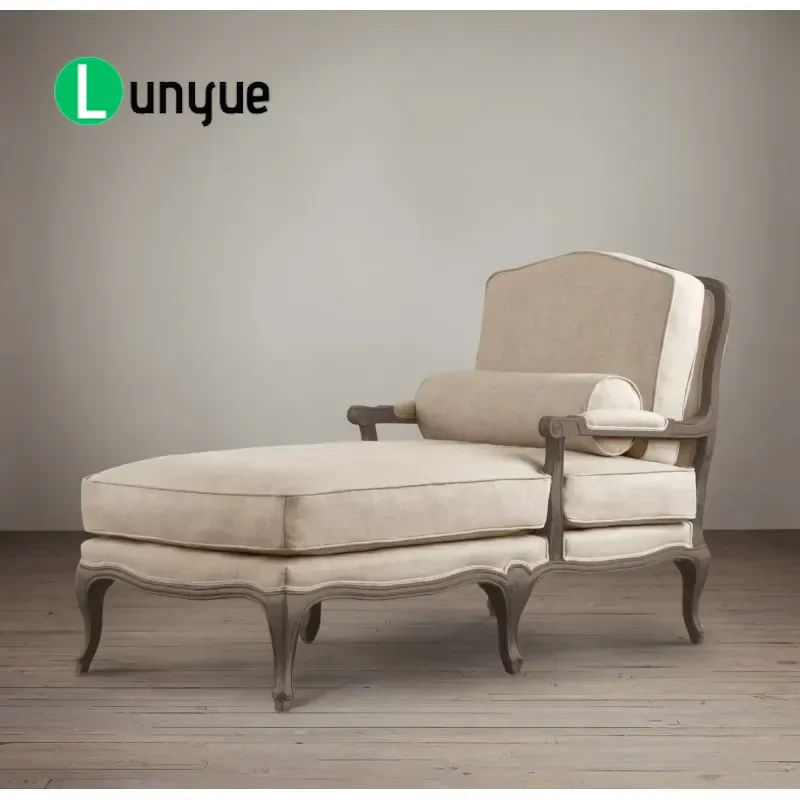 American Style Solid Wood Chaise Longue Antique Fabric Lounge Chair Simple Small Sofa for Balcony Living Room Bedroom Home