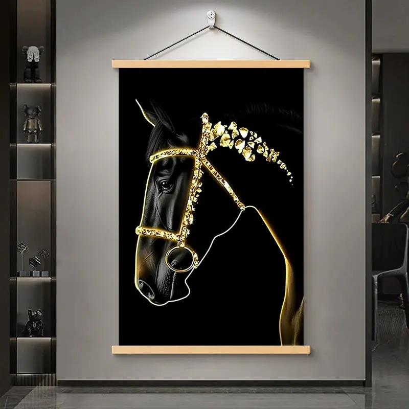 Luxury Wall Decor – Black & Gold Horse Scroll Painting Equestrian Art for Entryway & Living Room Aesthetic Room Decor wall art