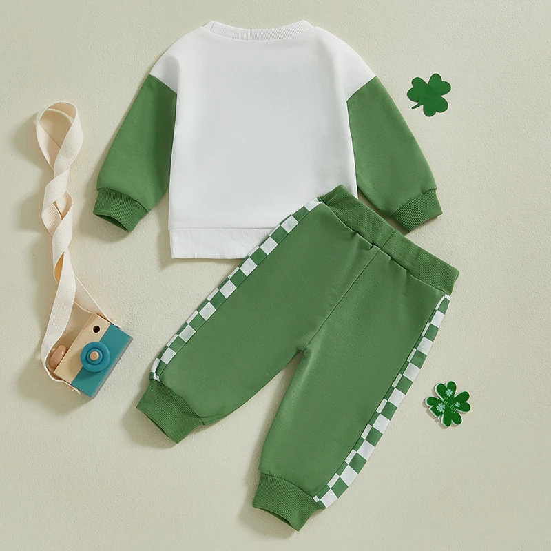 Conjuntos de trajes de día irlandés para niño Conjuntos de pantalones con cordón y tops con estampado de letras de trébol de manga larga