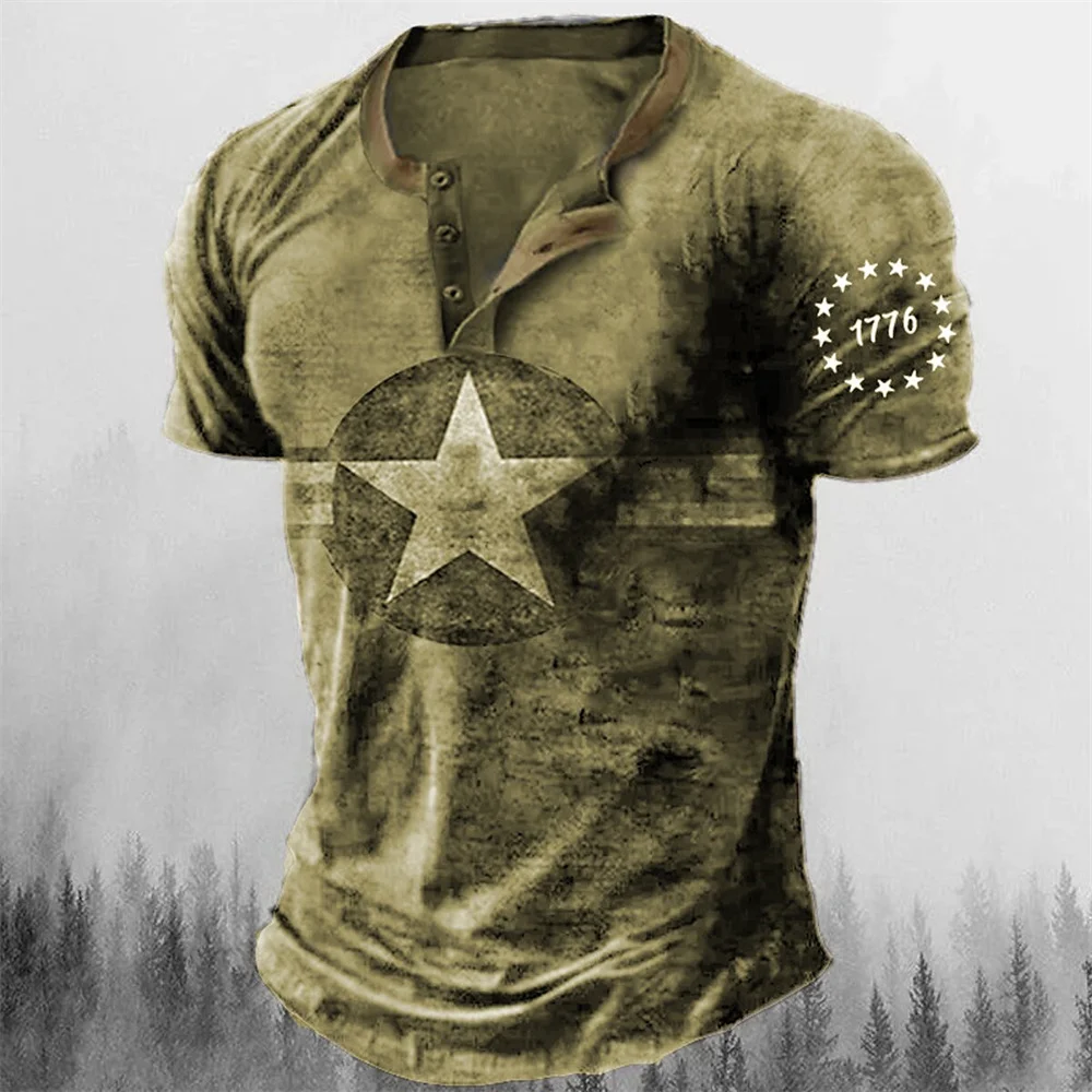 Vintage Button V-neck Navigation T Shirt Short Sleeve Gothic Henley Shirt For Men Oversized Tops Tee Shirt Men Punk Streetwear