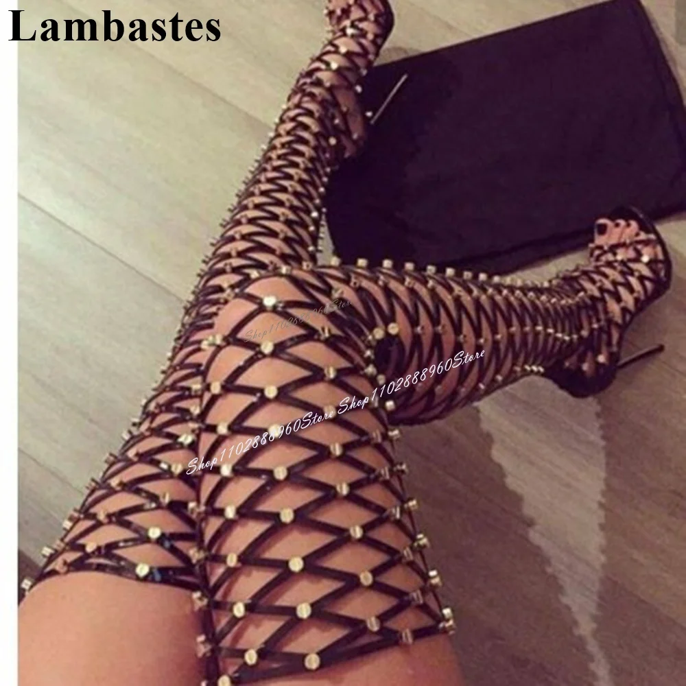 

Black Narrow Band Net Rivet Decor Sandals Thigh High Thin High Heel Women Shoes Back Zipper Open Toe 2024 Zapatos Para Mujere