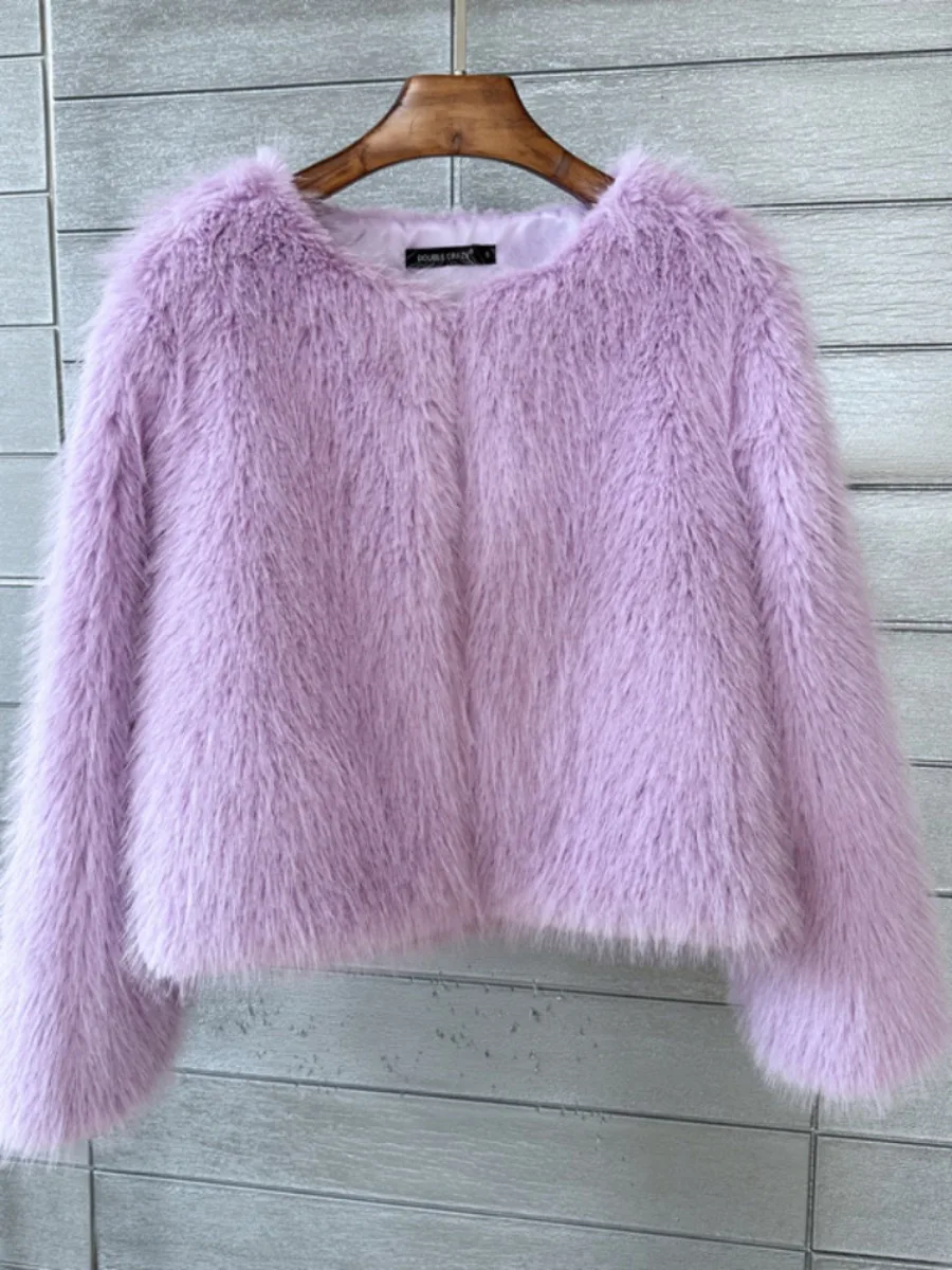 Women Imitation Faux Fur Coat Solid Color Plush Warm Jacket Loose Slim Fit Long Sleeve Thick Cardigan High Street 2024 Autumn