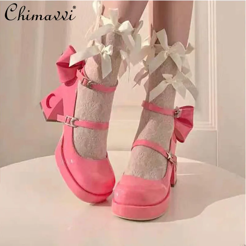 

Japanese Subculture Hot Girl's Punk Style High Heel Lolita Shoes Sweet Bow Women Versatile Square Heel Women Leather Shoes