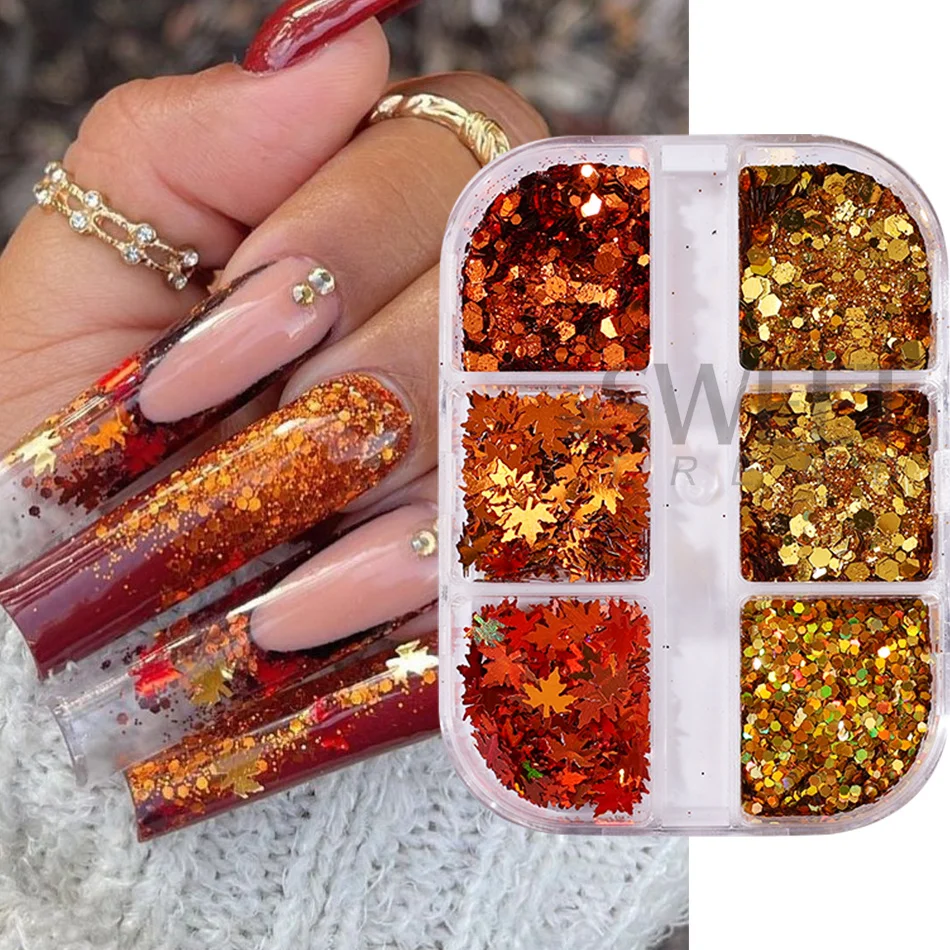 6 Grids Holographic Red Maple Leaves Hexagon Nail Glitter Shiny Mixed Nail Flakes Autumn Maple Leaf  DIY Manicure Decoration