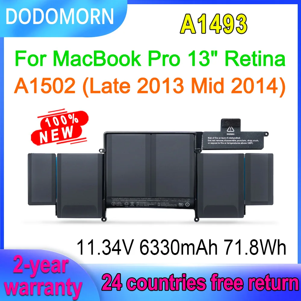 

DODOMORN 11.34V 71.8Wh A1493 Laptop Battery For MacBook Pro 13" Retina A1502 Late 2013 Mid 2014 Version ME864LL/A Rechargeable