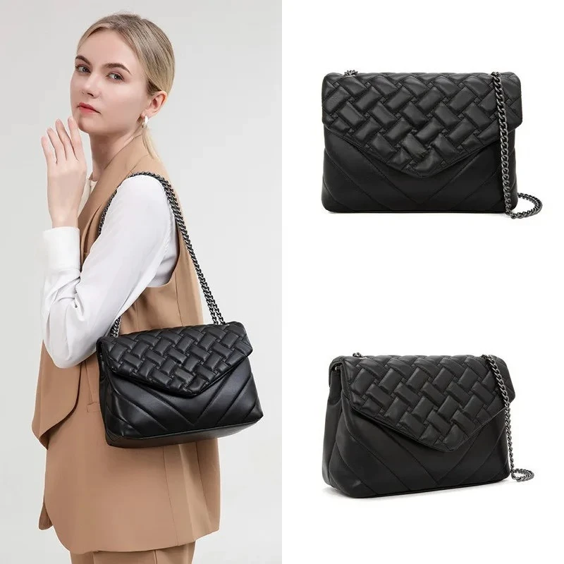 

Women's Black Quilted Weave Pattern Leather Crossbody Bag with Chain Strap and Metal Lock Fashion Shoulder Bag for Ladies