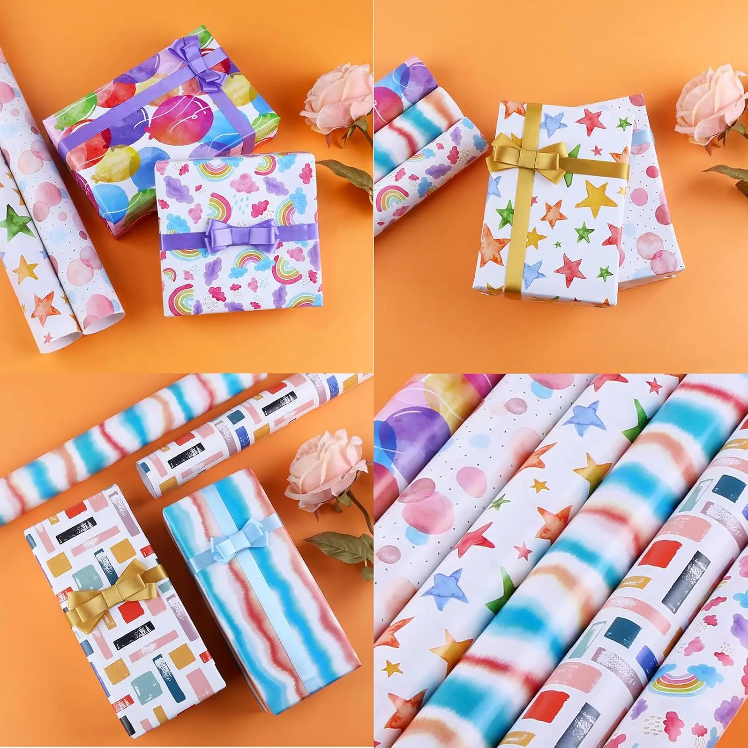 6 Sheets Gift Wrapping Paper with 2 Ribbon, Happy Birthday Gift Wrapping Paper 50 x 70cm Recyclable Gift Wrap for Girls Kids