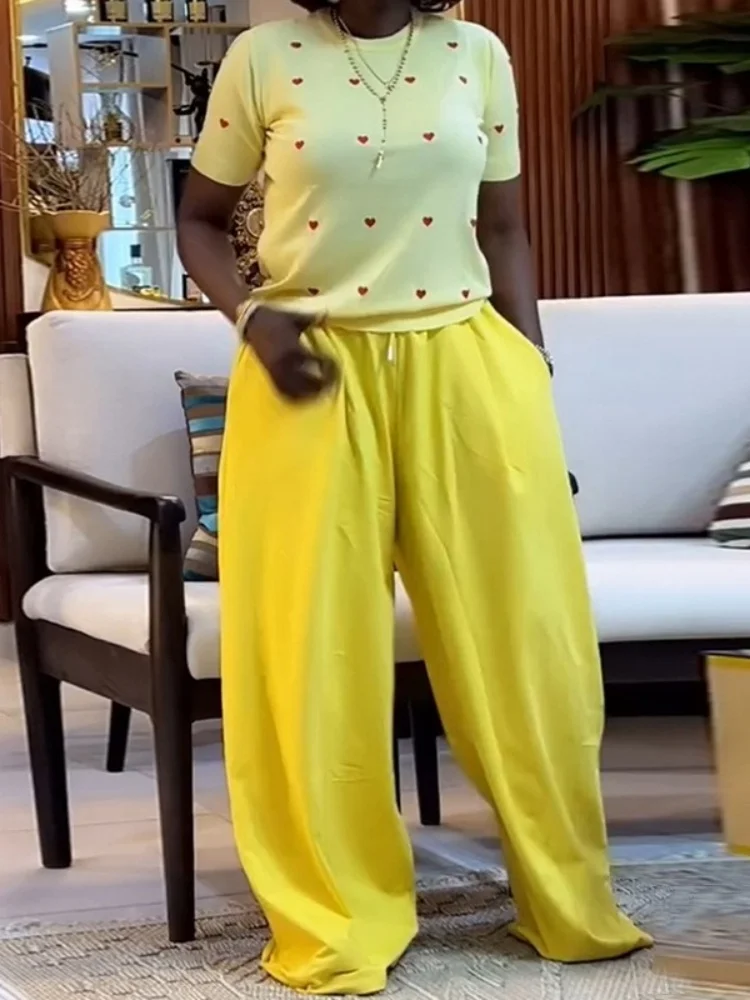 Wmstar 2 ชิ้นชุดชุดสตรีขายส่งฤดูร้อนใหม่หวานแฟชั่นรอบคอรูปหัวใจแขนสั้นขากว้างกางเกงยาว