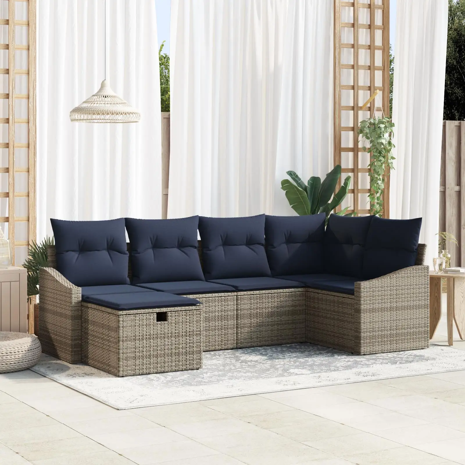 

6 Piece Outdoor Sofa Set Grey Poly Rattan Cushions Comfortable Garden Furniture