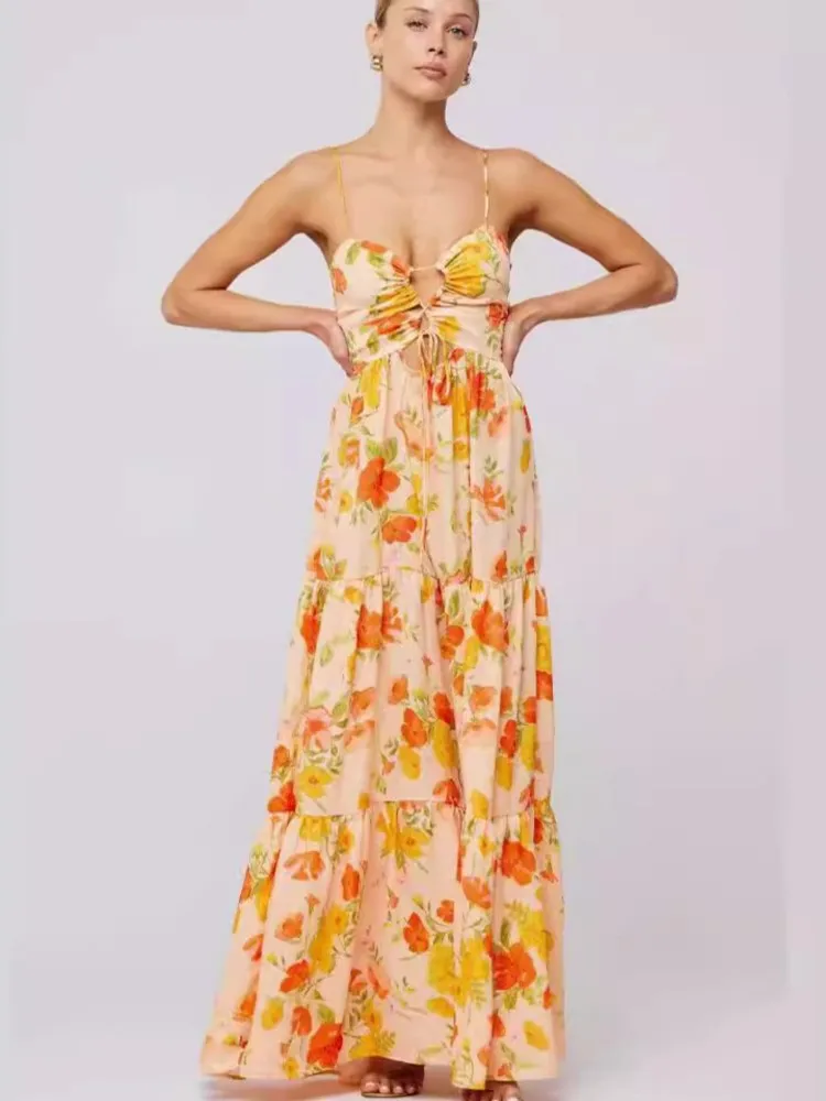 

Beach Vacation Long Dress Women Fashion Sexy Lace-Up Hollow Out Backless Sleeveless Floral Printed Maxi Dresses Summer Vestidos