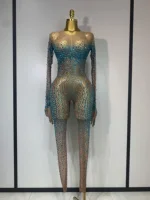 Luxury Rhinestones Bodycon Jumpsuit Sexy Women Mesh See Through Birthday Gown Women Bar Nightclub Dancer Stage Outfit