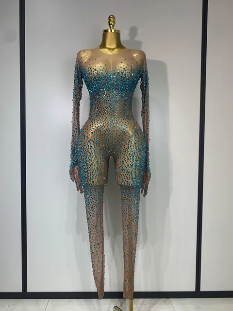 Luxury Rhinestones Bodycon Jumpsuit Sexy Women Mesh See Through Birthday Gown Women Bar Nightclub Dancer Stage Outfit