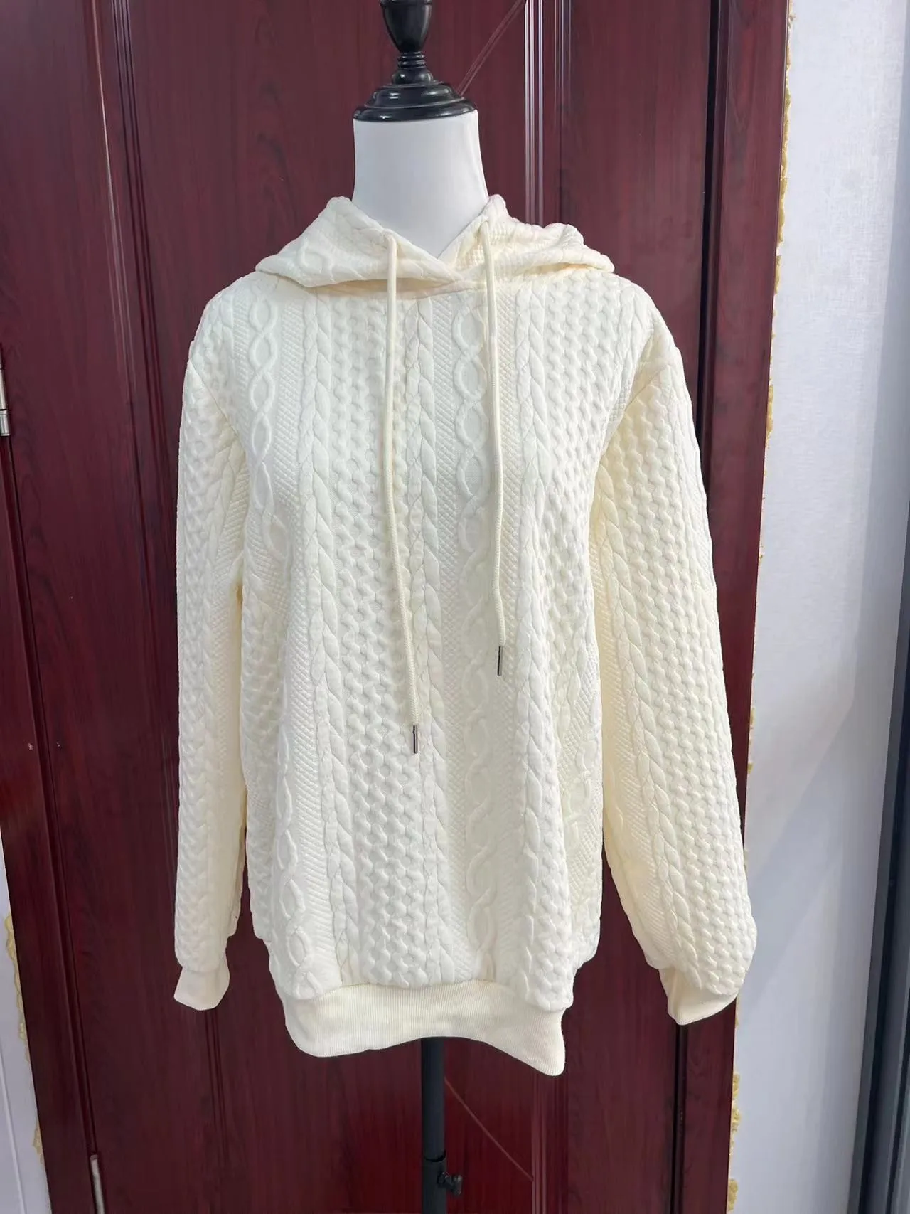Women's Oversized Medium Weight Long Sleeve Solid Color Hoodie with Drawstring Casual Mid-Length Jacquard Women's Sweatshirt