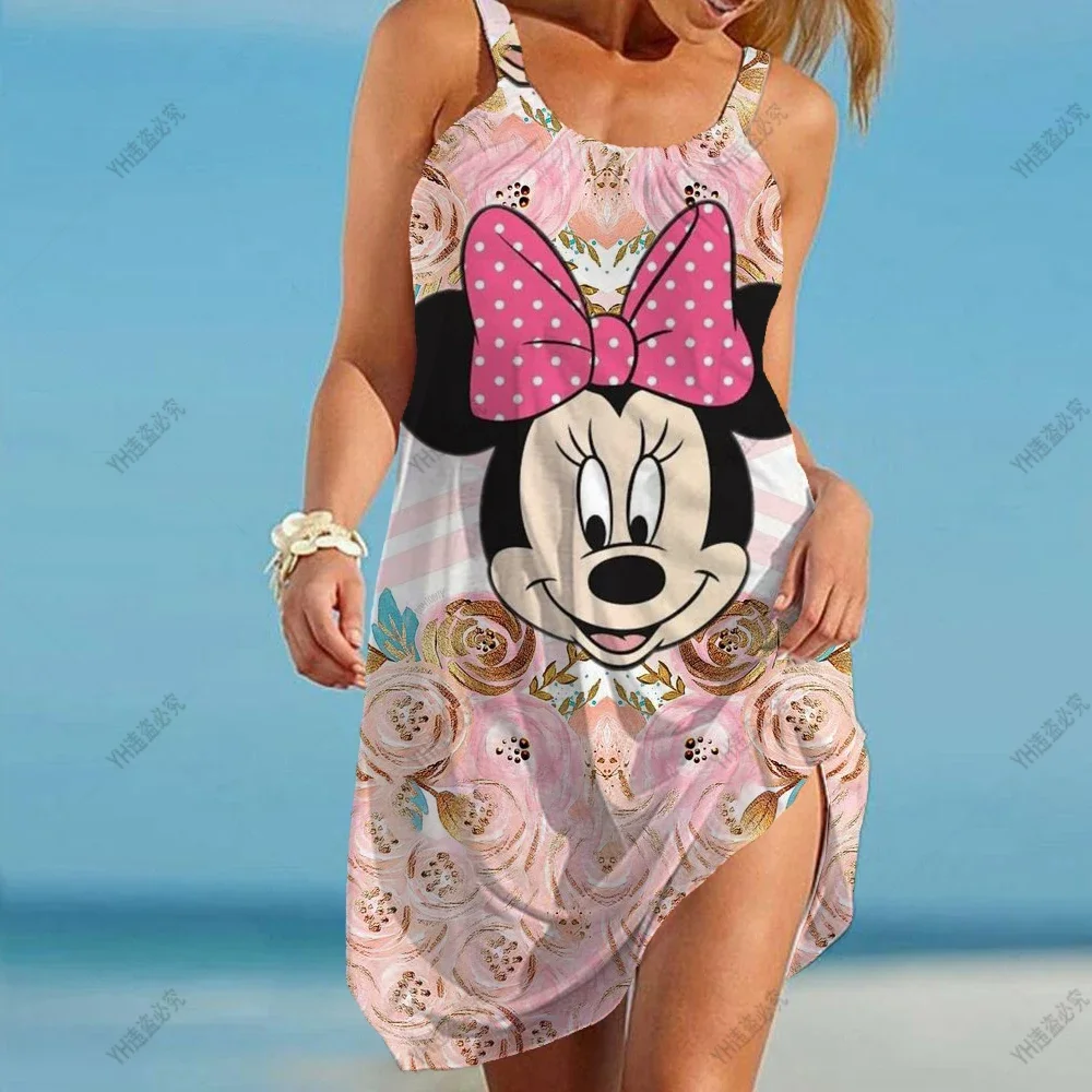 Jesień/lato nowy duży rozmiar Disney Minnie Mickey Mouse temblak 3D nadruk miejski casualowy damski spódnica na plażę do połowy talii długa sukienka