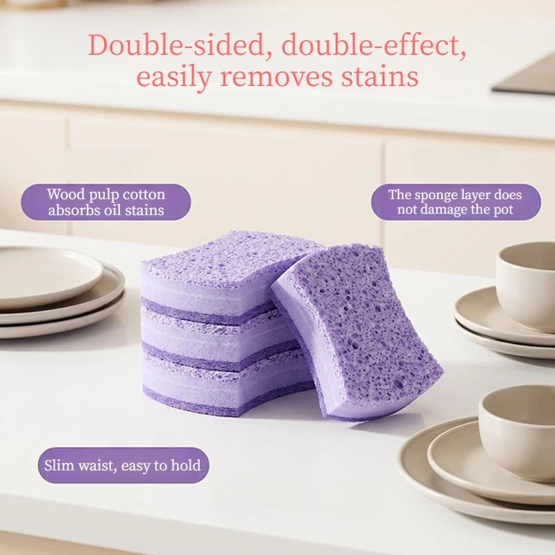 Antibacterial Wood‑Pulp Sponge Scrubber, Dual‑Sided Kitchen Scouring Pad, Non‑Scratch Sponge for Dish Pot Washing Home Gadget