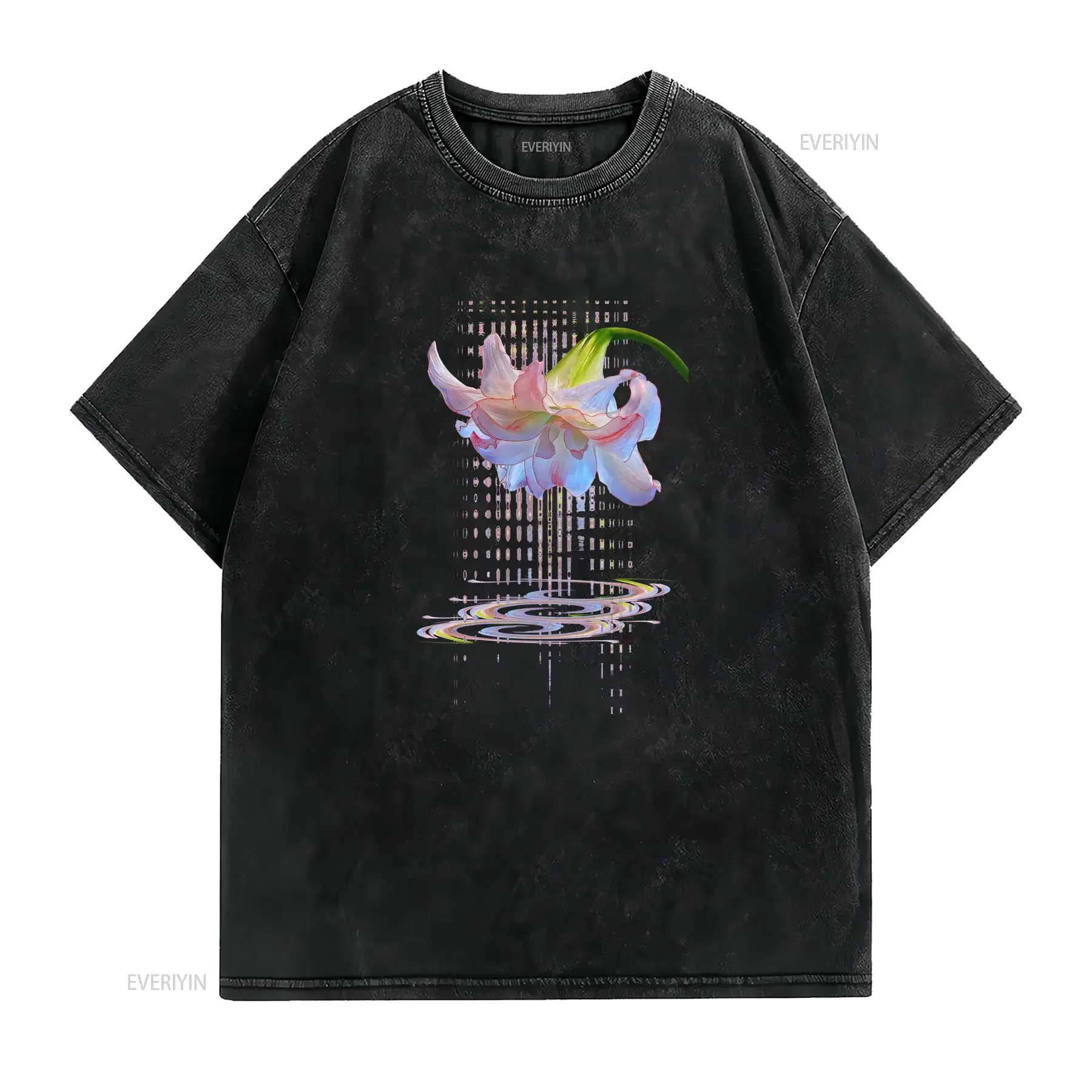 Psychedelic Glitch Art Lily Flower Print Casual T Shirt vintage Washed Comfortable streetwear Versatile fashion Stylish