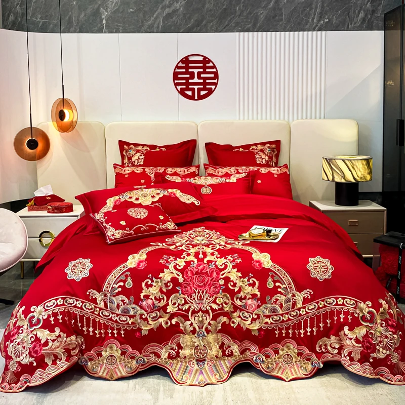 4/6/9Pcs Luxury Chinese Wedding Bedding Set Red 600TC Egyptian Cotton Gold Embroidery Rose Duvet Cover Set Bed Sheet Pillowcases