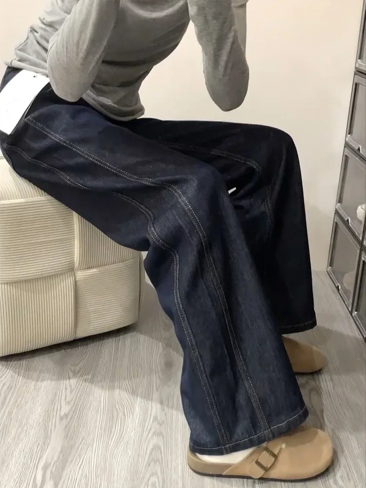 

Большие размеры, темно-синие широкие джинсы, женские прямые брюки с высокой талией, свободные брюки для похудения, осенние новые брюки