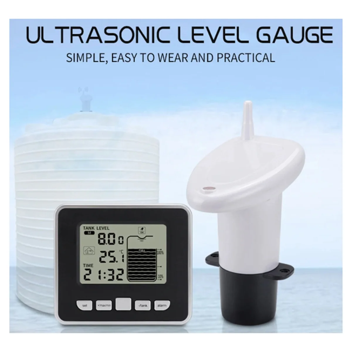 Ultrasonic Wireless Water Tank Liquid Level Meter with Temperature Sensor Level Monitor Time Display Low Battery Alarm