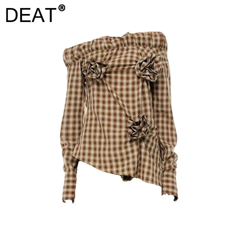 DEAT Women's Blouse Skew Collar Off Shoulder Long Sleeve Flowers Khaki Long Sleeve Shirts 2025 New Fashion Spring 11A02342