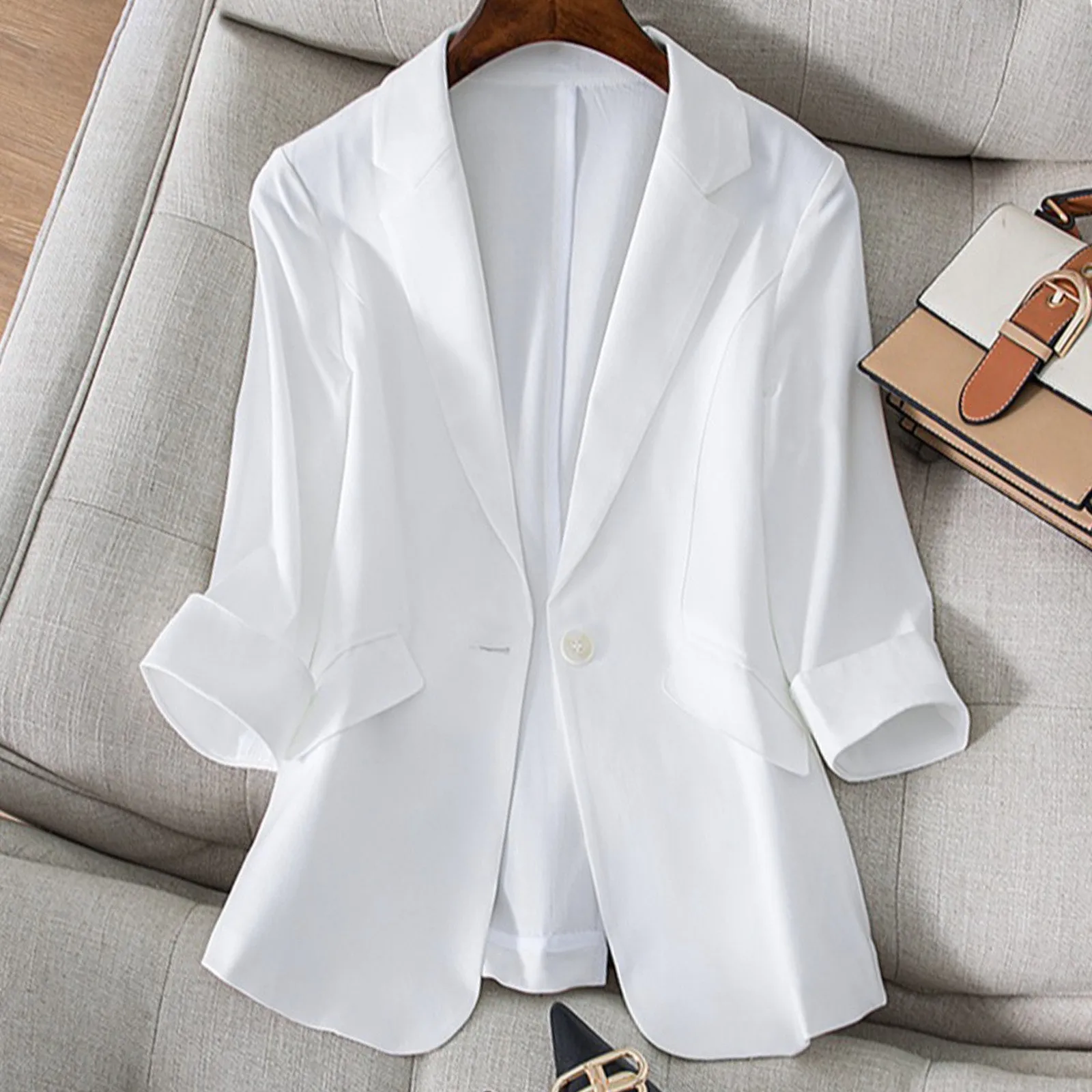 Solid Color Small Suit Jacket For Women With 3/4 Sleeves Spring And Summer Korean Style Slim New In Coats Peak Lapel Jacket