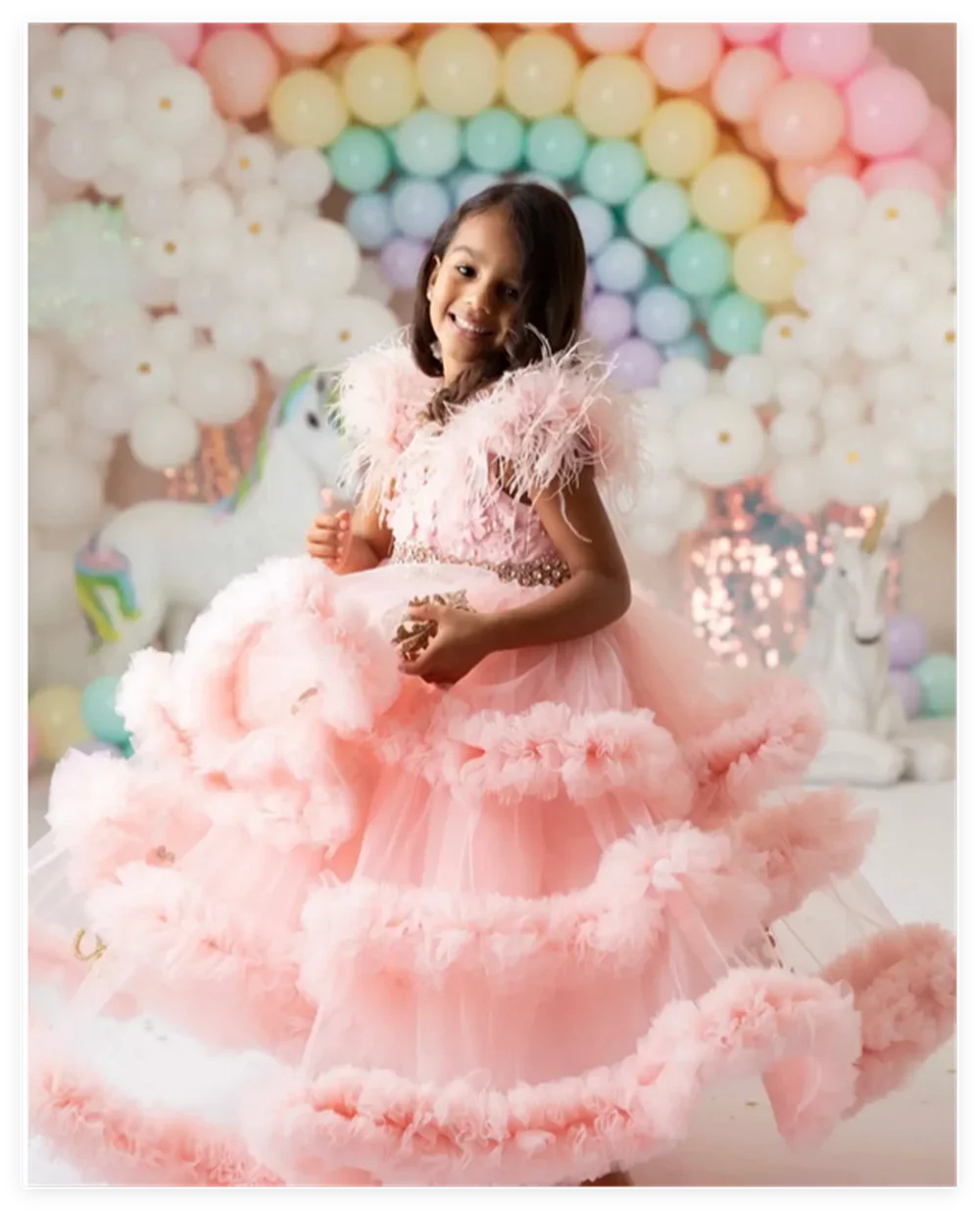 

Flower Girl Dresses Blush Pink Feahter Girl Pageant Dress Tiered Flower Girls Dresses For Wedding Kids Ruffles Party Birthday Go