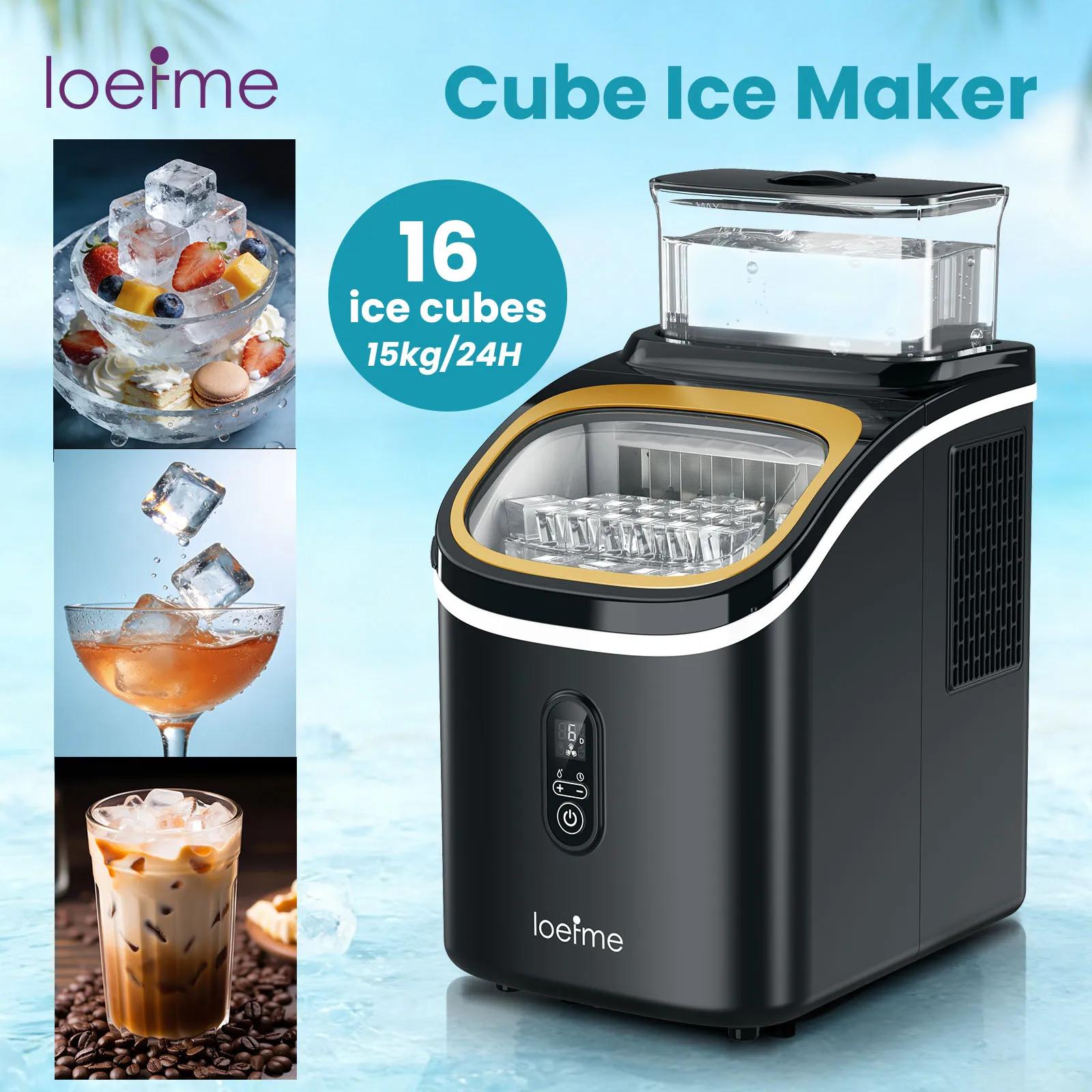 LOEFME Tragbare Eiswürfelmaschine 15kg/24h 6-13 Min. Schnelle Eisbereitung 16 Eiswürfel Tisch-Eismaschine für Zuhause Küche Party Wohnmobil