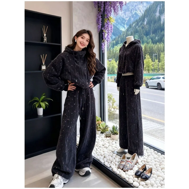 

Korean Sle Hoodie Jaet Wide Leg Pants Two Piece Set ex Winter Outfit Casual Sportswear Long Sve Long Pants
