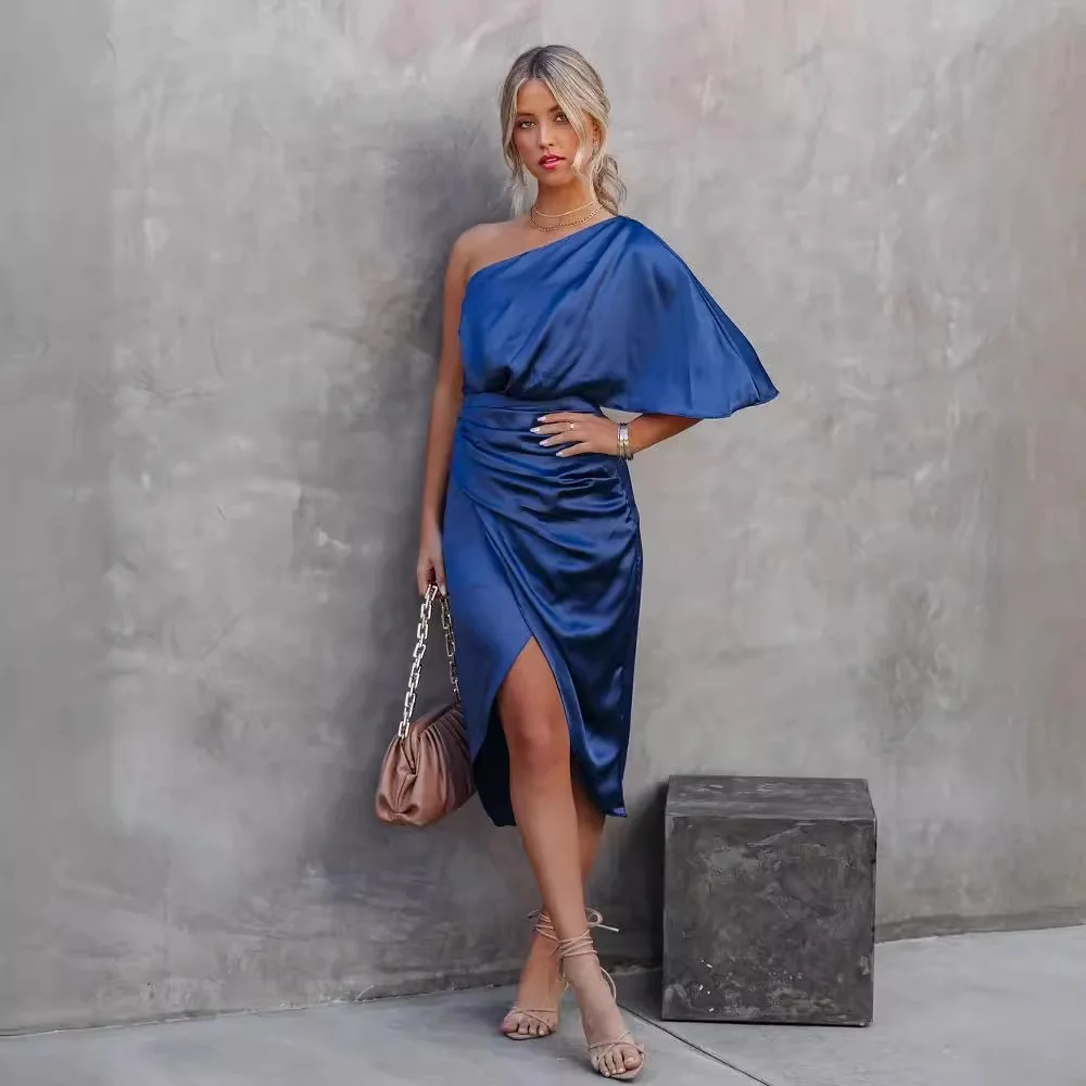 Dames satijnen one-shoulder vleermuismouwen ruches midi-jurk asymmetrische wrap front cocktailparty bodycon-jurken