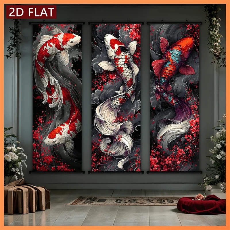 VIKAMA Japanese Koi Fish Cherry Blossom Dark 3 Piece Wall Scroll Tapestry Set Colorful Carp Wall Art Decor for Living Room