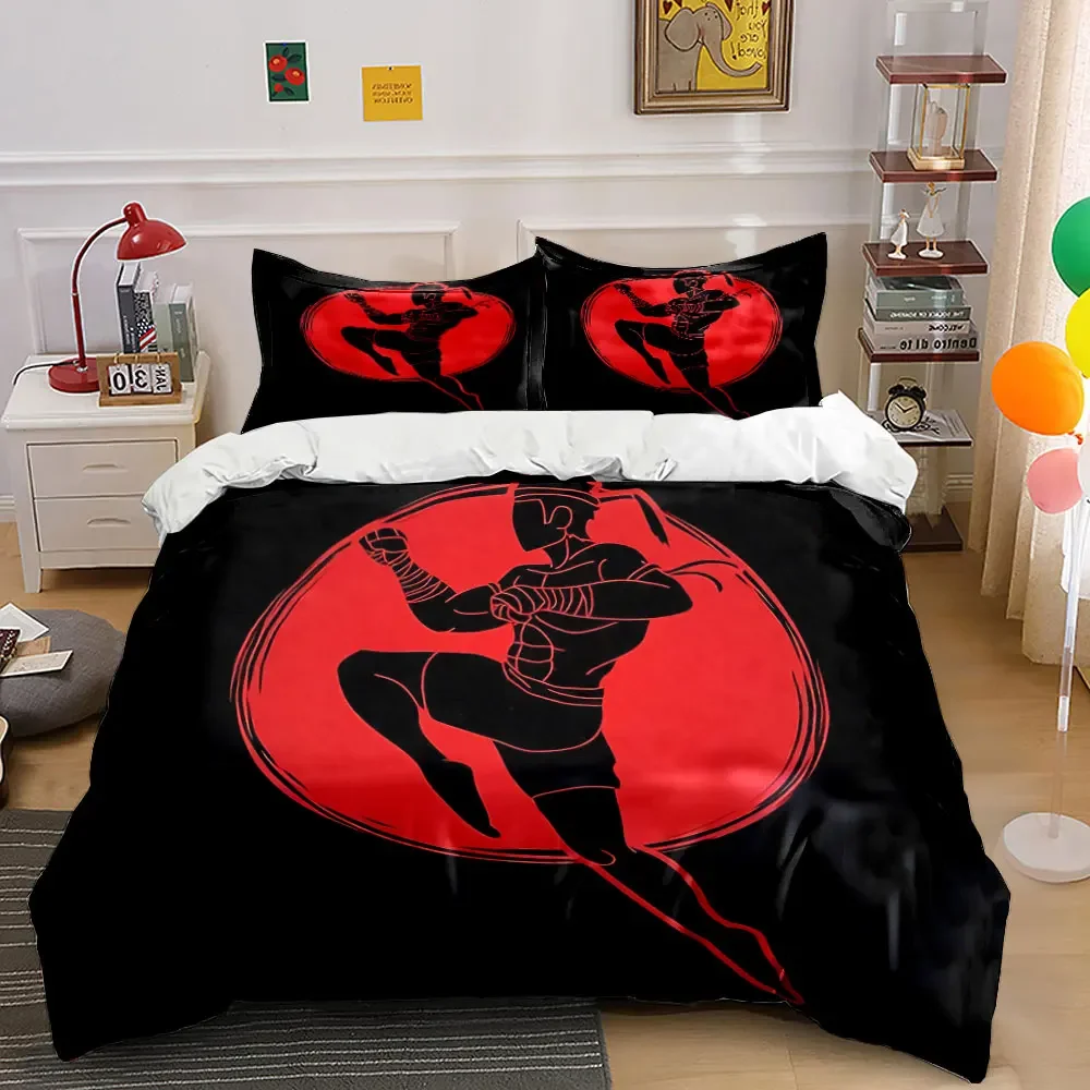 3Pcs Muay Thai Bedding Set, Red Kickboxing Fighter Silhouette Print Duvet Cover + 2 Pillowcases, Martial Arts Decor
