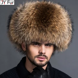 Sombrero de aviador de piel de zorro plateado 100% Real para hombre, gorra Ushanka de piel de mapache, sombreros de esquí rusos, gorros de cuero Real, Invierno