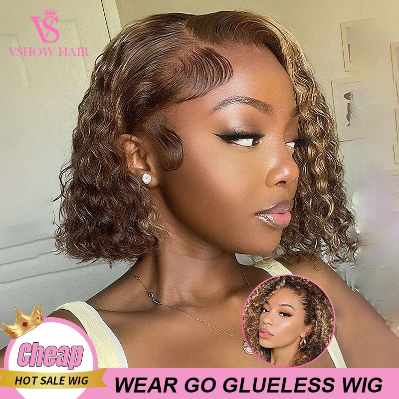 

VSHOW Wear Go Glueless Wigs Pre Cut 7x5 Lace 4/27 Highlight Color Water Wave Hair Short 100% Human Hair Bob Wigs