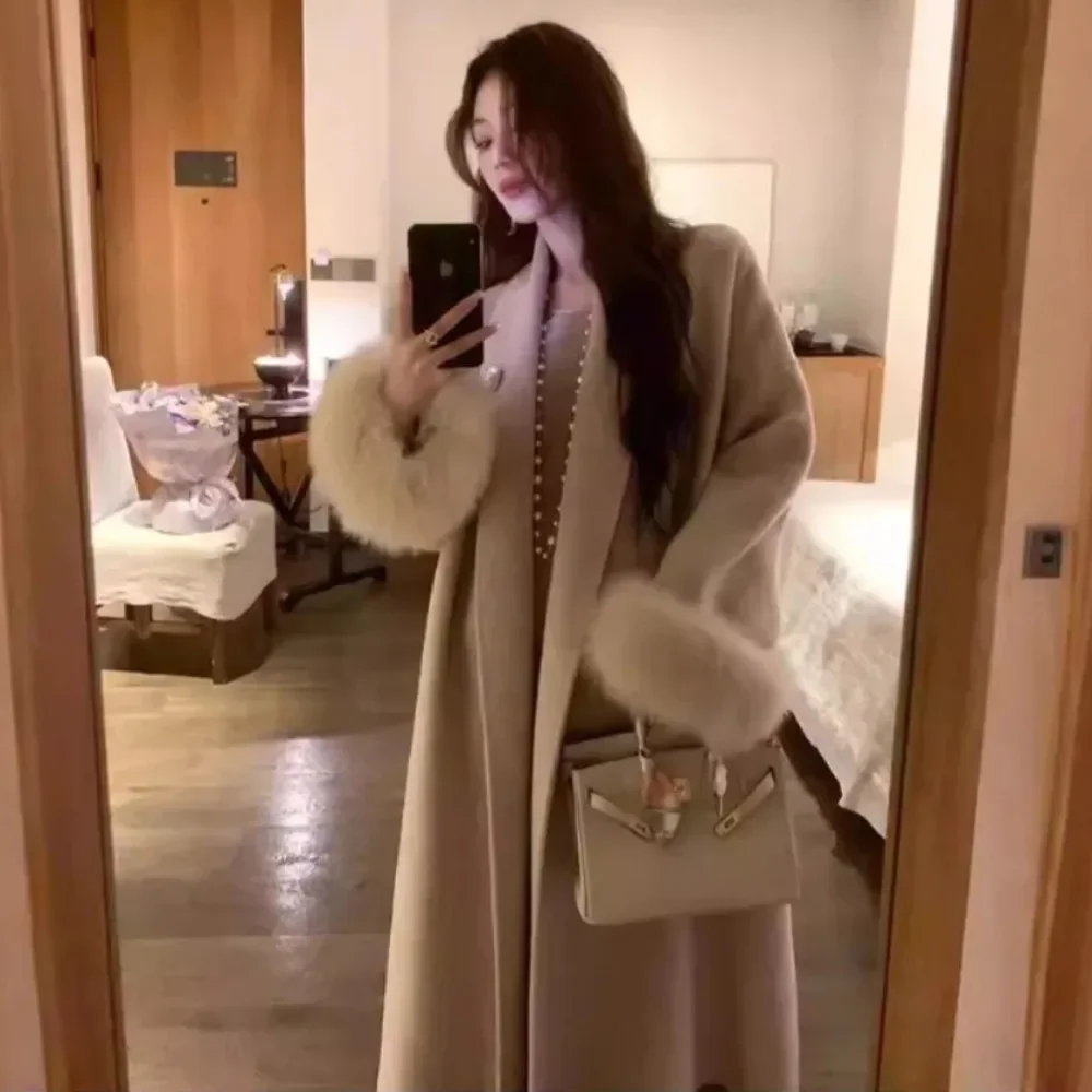 Abrigo largo de lana con puños de piel de zorro para mujer, chaqueta de piel de zorro auténtica, albornoz femenino, abrigo de Cachemira de doble cara, otoño e invierno, 2024