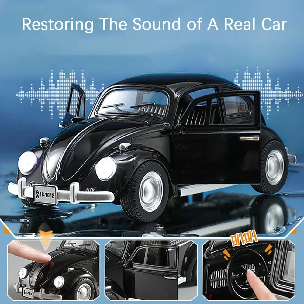 1:18 Scale Beetle 1955 Model Toy Cars Alloy Diecasting Doors Opened Sound Light Pull Back Miniature Vehicles for Children Gifts